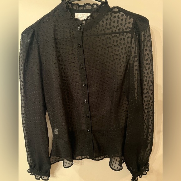ANN TAYLOR LOFT SHEER BLACK W/BLACK VELVET DOTS BLOUSE/SIZE 4 VERY DRESSY BLOUSE - Picture 1 of 10